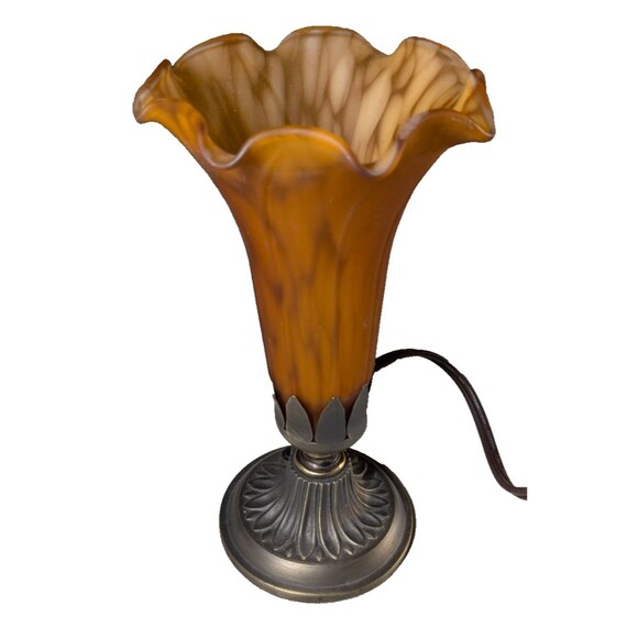 Lily Trumpet Flower Amber Shade Metal Base Vintage Table Lamp - Picture 1 of 4